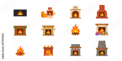 Set of Cartoon Fireplaces with Burning Fire - Grid of 12 Illustrations