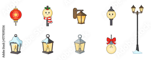 Festive Street Lamps and Lanterns Set