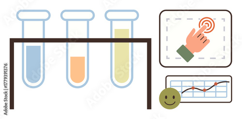 Three test tubes in a stand containing colorful liquids, a hand pressing a touchscreen, a happy face, and a line graph. Ideal for science, data analysis, experimentation, user feedback, education