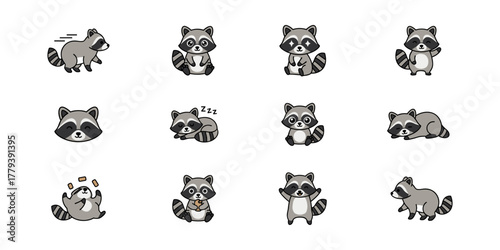 Set of Twelve Cute Cartoon Raccoon Characters