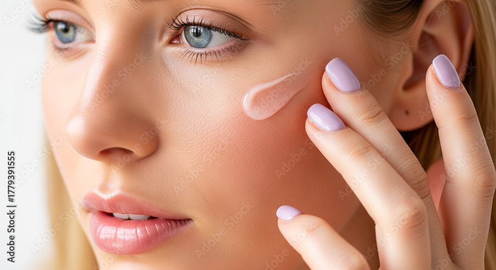 Obraz premium Woman applying skincare product to her face for a radiant, healthy glow, promoting beauty and self-care in a modern setting