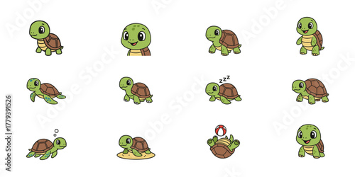 Turtle Cartoons Grid with Different Activities and Expressions