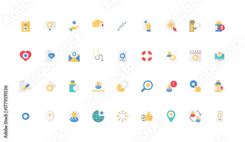 Pharmacy and medical pills of online exam, doctors prescription, pharmaceutical treatment color icon set. Bottle of vitamin or antibiotic drugs, stethoscope, medicare flat elements vector illustration