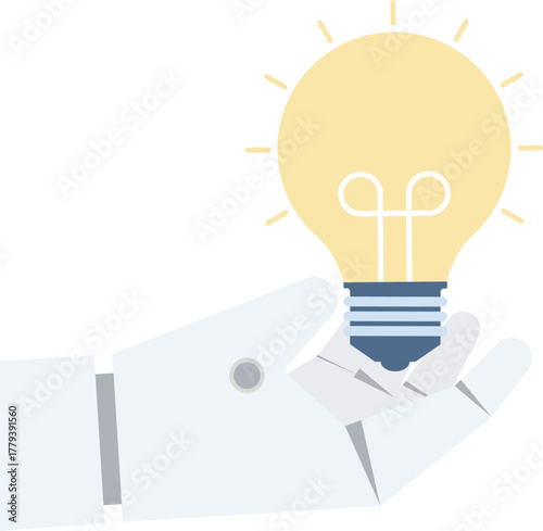 Collaboration of personnel with artificial intelligence or AI, Promoting ideas and creativity, Innovative new product development, Business team working with a robot hand that holds a light bulb.


