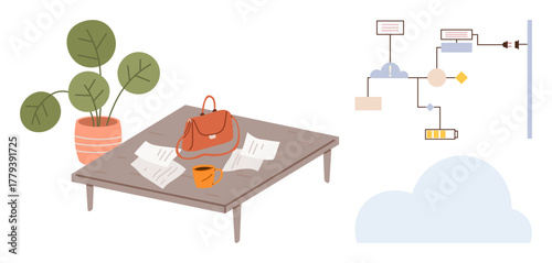 Desk setup with coffee cup, bag, papers next to a flowchart involving cloud and process steps. Ideal for productivity, workflow, planning, organization, creativity, remote work simple flat metaphor
