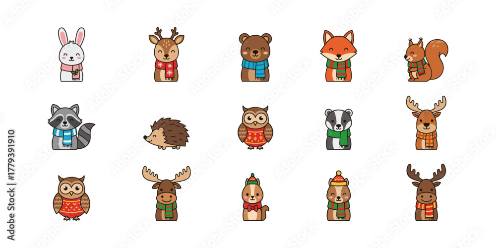 Fototapeta premium Cute Winter Animals Cartoon Grid