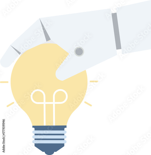 Collaboration of personnel with artificial intelligence or AI, Promoting ideas and creativity, Innovative new product development, Business team working with a robot hand that holds a light bulb.

