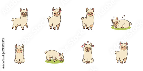 Alpaca cartoon set with different poses and expressions