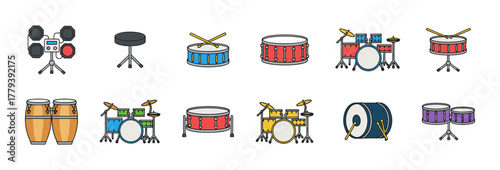 drum sets and percussion instruments in colorful stylized illustrations