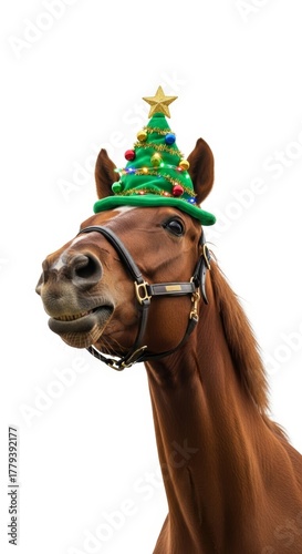 horse wearing a Christmas tree hat, holiday animal graphic, on a white background