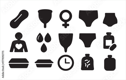 Women's health and menstrual care product flat vector icons set isolated on white background