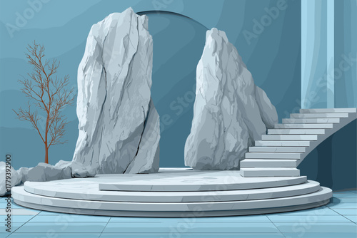 Modern Minimalist Stage with Rocks and Stairs for Creative Presentations