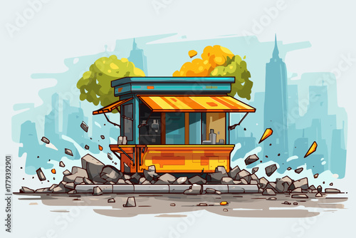 Vibrant Vector Illustration of a Construction Site with a Food Stall and Urban Background