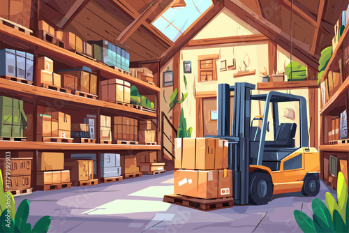 Inside a Cozy Warehouse with a Forklift and Shelves of Boxes