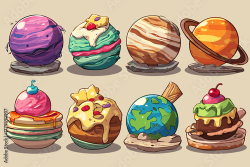Whimsical Collection of Planets and Desserts in Colorful Vector Art