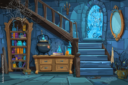 Spooky Witch's Lair with Cauldron and Cobwebs in a Mysterious Castle