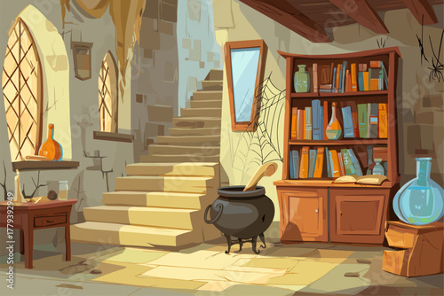 Enchanting Interior of a Cozy Medieval Wizard's Study with Books and Potions