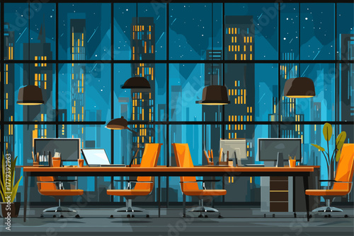 Modern Office Interior with Night City View and Ergonomic Furniture