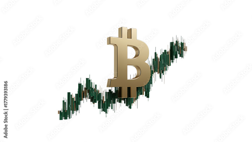 Obraz premium Golden Bitcoin symbol with rising graph, symbolizing financial growth and digital currency potential on a transparent background.