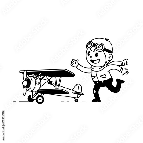 A happy child running after a toy airplane wearing aviator goggles