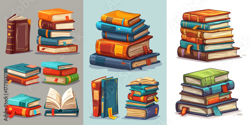 Colorful Stacked Books and Open Book Illustrations for Education and Learning