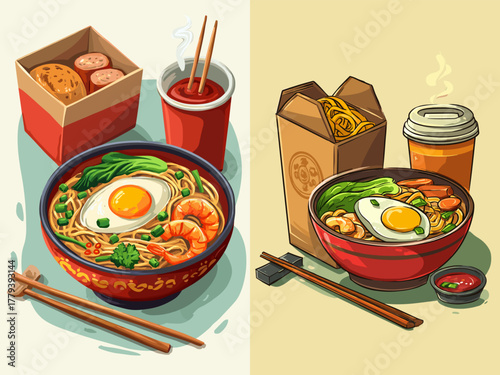 Delicious Asian Noodle Dishes with Fresh Ingredients and Vibrant Colors