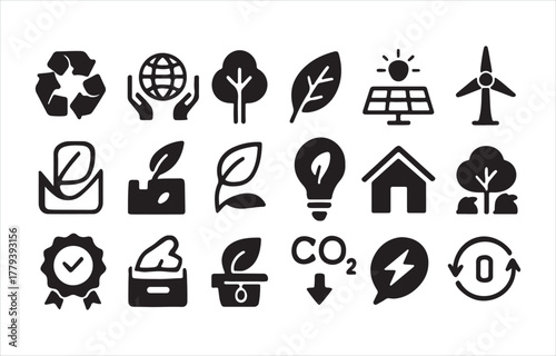 Ecology, environment, sustainability, and green energy icons set isolated on white background