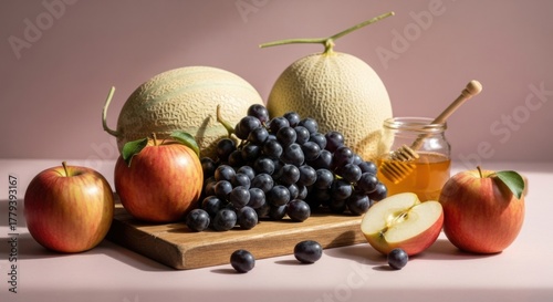 Fototapeta Naklejka Na Ścianę i Meble -  Abundant harvest of fresh fruits and honey