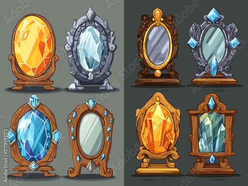 Collection of Fantasy Mirrors with Gemstones for Game Design and Illustrations