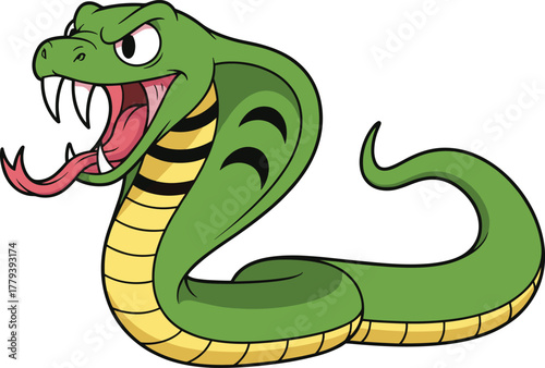 Aggressive green cobra snake illustration, open mouth with fangs, dangerous reptile character, coiled body, flared hood, vector cartoon artwork design