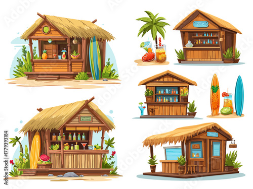 Charming Beach Hut Collection: Tropical Refreshments and Surfboards