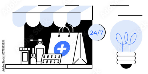 Medical supplies, shopping bag with medical cross, pills, and pharmacy storefront under awning. Ideal for healthcare, online pharmacy, convenience, availability, healthcare access retail simple