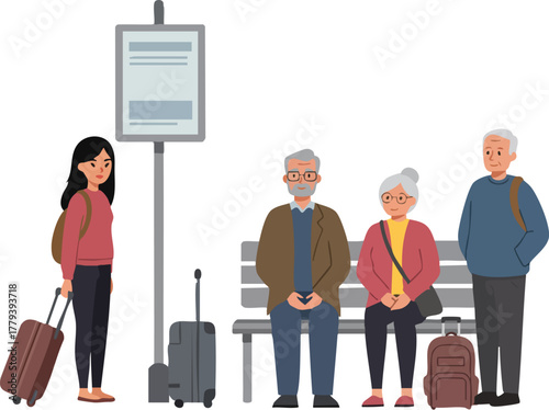 People waiting at a public transport stop with luggage on a white background.
