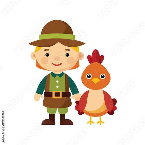 Happy cartoon farmer with chicken. farming, agriculture, animal care.