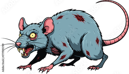 Angry rat cartoon, scary rodent mascot, diseased rat illustration, horror animal artwork, aggressive vermin design, creepy character drawing, cad drawing flat vector illustration