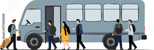 People boarding a bus with luggage on a plain white background in a 2D flat illustration style.