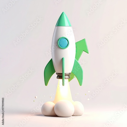 Playful cartoon rocket ship launching with bright exhaust flames and smoke.