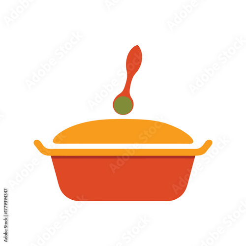 Kitchen cooking pot with lid and spoon icon, food preparation