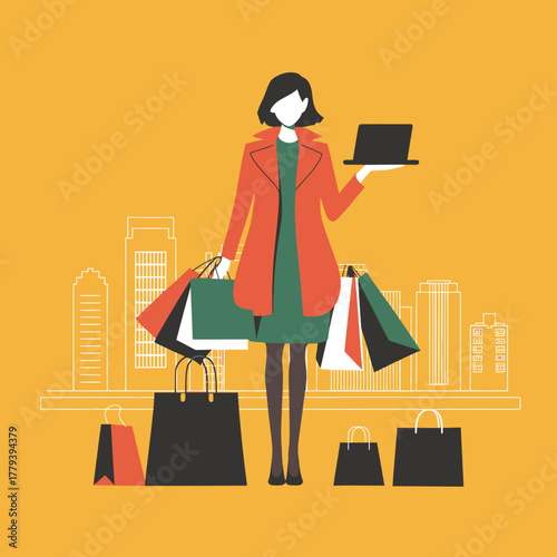 Woman with shopping bags and laptop in front of city skyline, representing online shopping and consumerism