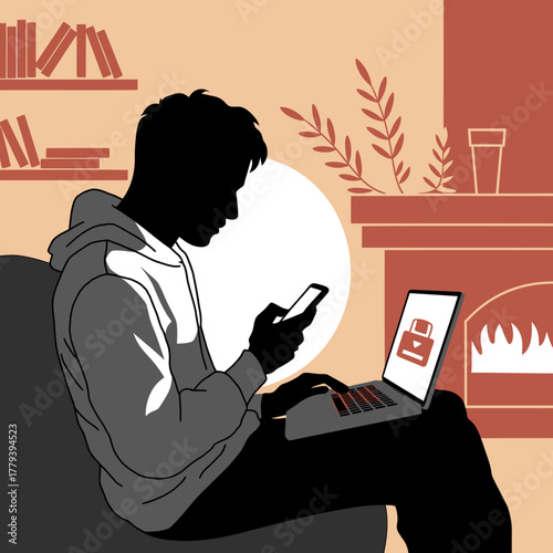 Silhouette of a person sitting on a couch, using a laptop and smartphone, with a fireplace and bookshelves in the background