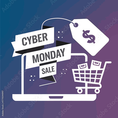 Cyber monday sale illustration with a laptop, shopping cart, price tag, and banners displaying cyber monday sale, highlighting online shopping deals and discounts