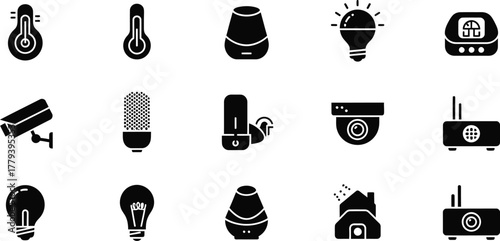 Collection of smart home technology icons including light bulbs cameras routers and sensors isolated on transparent background
