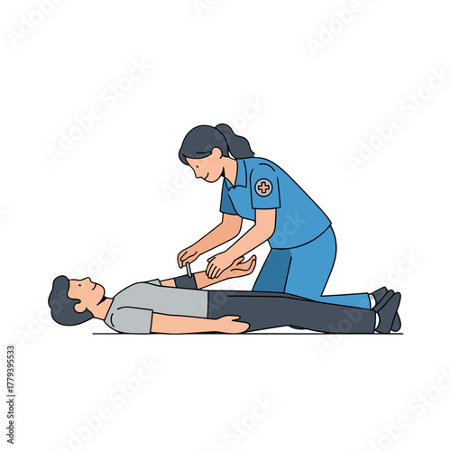 Nurse checking patient pulse wearing blue uniform and medical icon on sleeve lying down on the floor in plain background