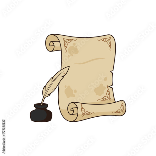Old Parchment Scroll With Feather Quill Pen And Inkwell On Black Background Ancient Document Writing Tool For History And Education