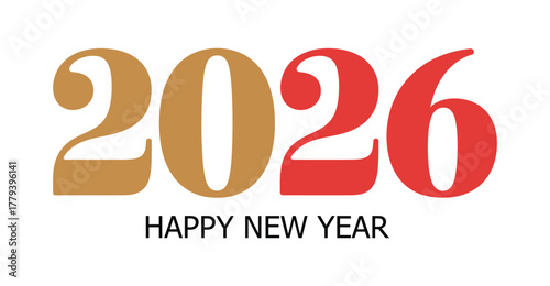  “2026 Happy New Year” bold gold and red typography design with clean layout, festive illustration for celebration and seasonal greeting