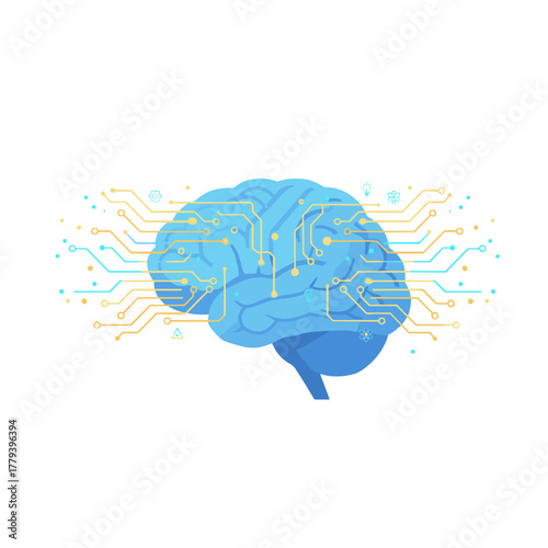 Pixelated Blue Brain With Orange and Blue Circuitry and Glowing Lights on Black Background Representing Artificial Intelligence And Technology