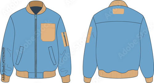 Blue bomber jacket, stylish outerwear design, front and back view, tan accents, casual fashion clothing, modern streetwear, zipper closure, trendy apparel