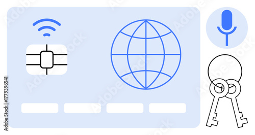 Chip-enabled smart card, digital globe, microphone, and keys highlight cybersecurity, contactless tech, data protection, global connectivity, innovation, encrypted access and secure solutions in