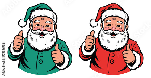  Two Santa Claus characters giving thumbs up, one in red and one in green outfit, festive cartoon illustration for holiday celebration and fun