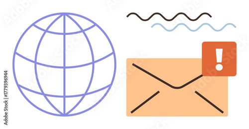 Globe beside an envelope marked with an alert, wavy lines above. Ideal for connectivity, messaging, notification, digital communication, email alerts, global reach online interaction. Simple flat